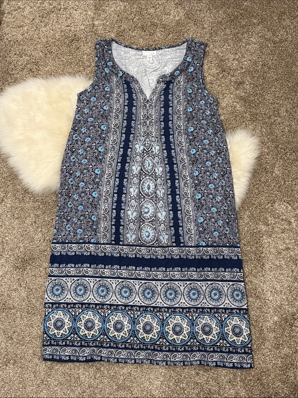 Jjill Women’s Aztec Paisley Floral Blue White Green Shift Dress Size Small Tall